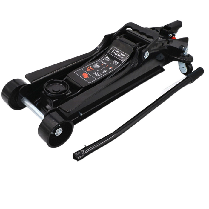 Black hydraulic floor jack on a white background