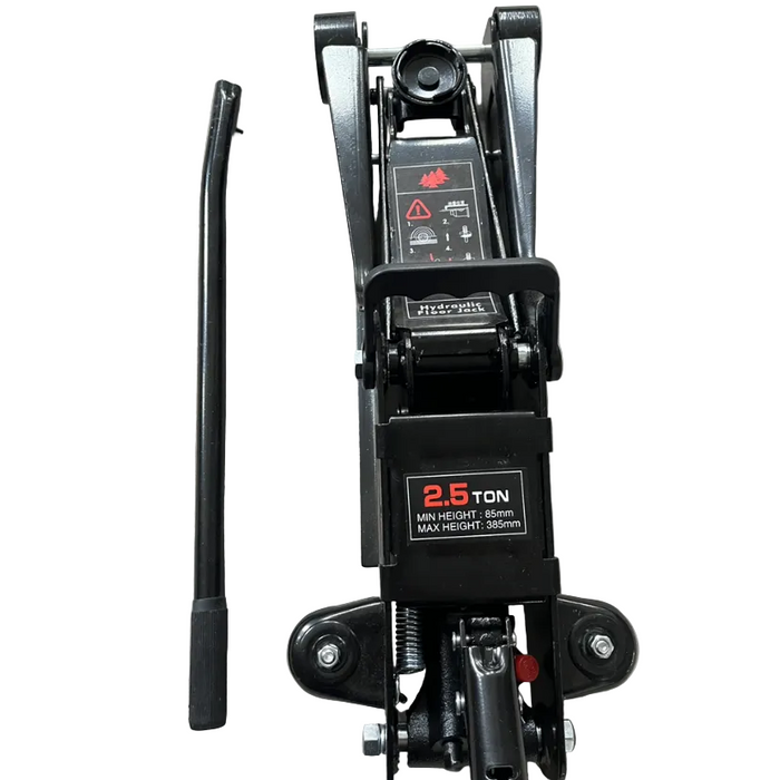 Black hydraulic floor jack on a gray concrete floor
