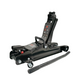Black floor jack with handle on a white background