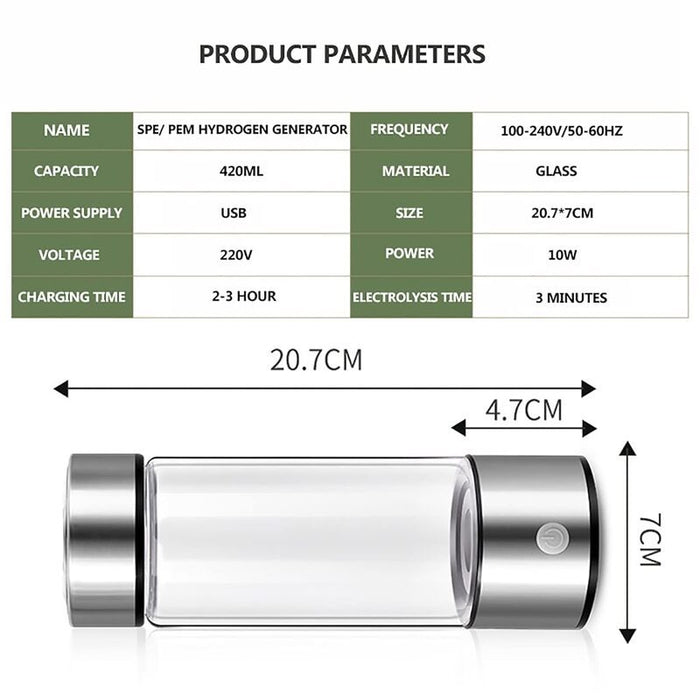 USB Rechargeable Hydrogen Water Generator Bottle 420ml Portable Glass Water Bottle