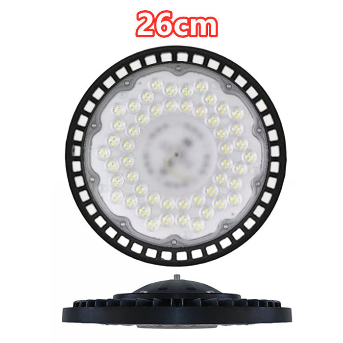 Round industrial light fixture with 26cm label on a white background