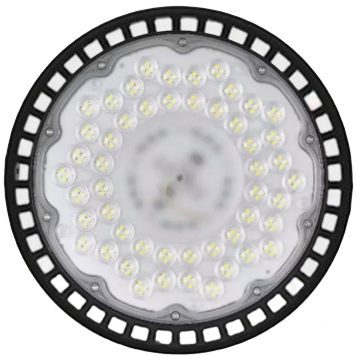 Round industrial light fixture with visible LED components on a white background