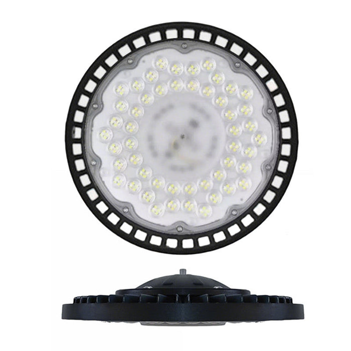 Round industrial light fixture with black rim on a white background