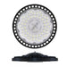 Round industrial light fixture with black rim on a white background