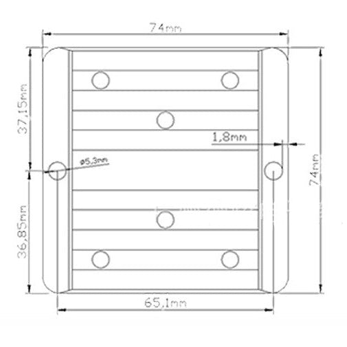 Technical drawing of a rectangular component with dimensions