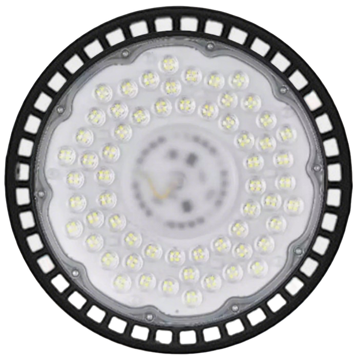 Round industrial light fixture with visible LED components on a white background