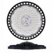 Industrial high-bay light fixture with circular design on a white background