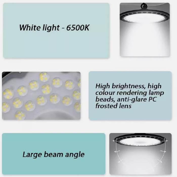 Light fixture with text describing features like white light, high brightness, and large beam angle.
