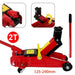 Red floor jack with black and yellow accents on a white background