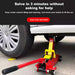 Red car jack under a white car with text about easy rocker control lifting and lowering.