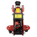 Red hydraulic floor jack with a white background