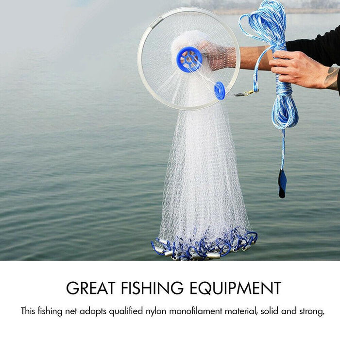 Fishing net being held over water with text about fishing equipment