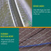 Close-up of a fishing net with text highlighting dense mesh and durable bottom rope.