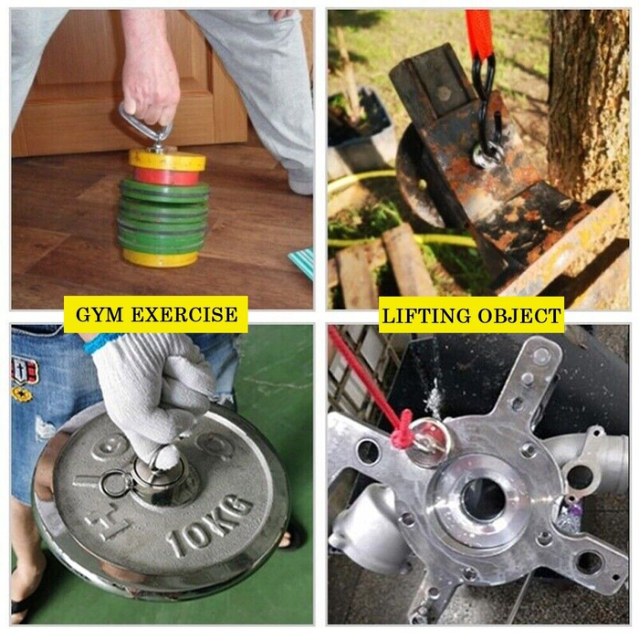Four images showing gym exercise, lifting object, and metal components.