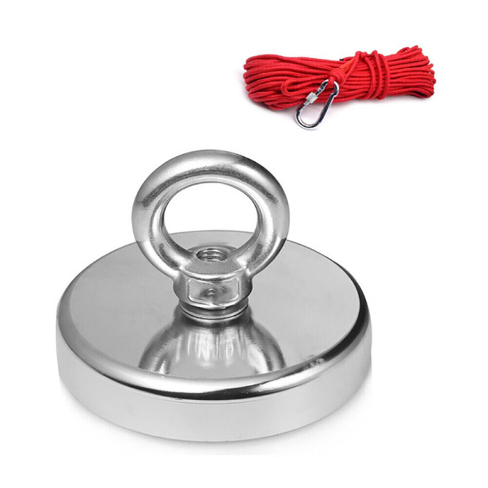 Metallic magnet with a red rope on a white background