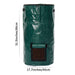 Green garden waste bag with dimensions indicated on a white background