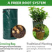 Growing bag with plants and insets showing benefits of divergent roots compared to traditional planting.