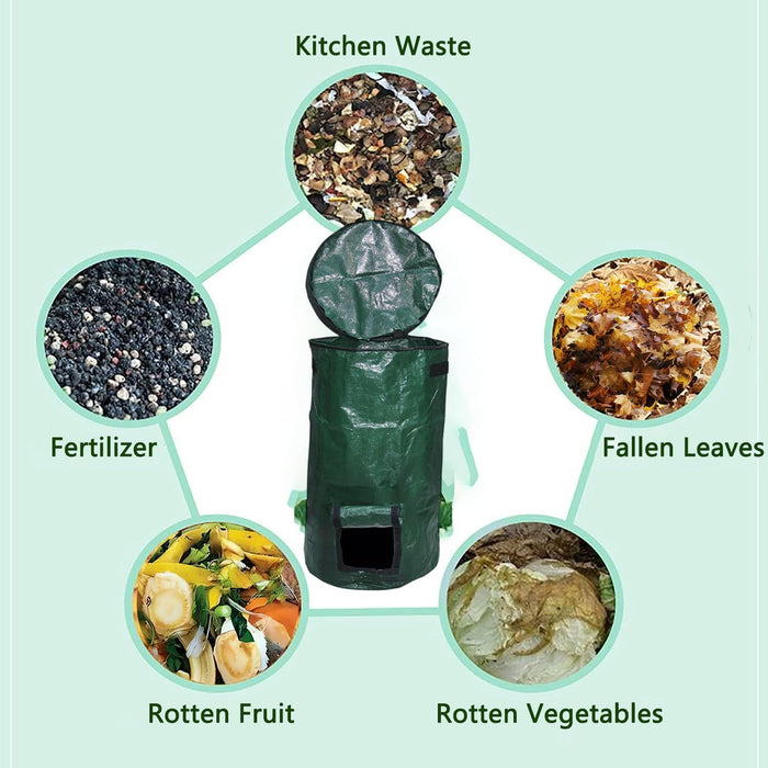 Composting system with categories of kitchen waste including fertilizer, fallen leaves, rotten fruit, and rotten vegetables.