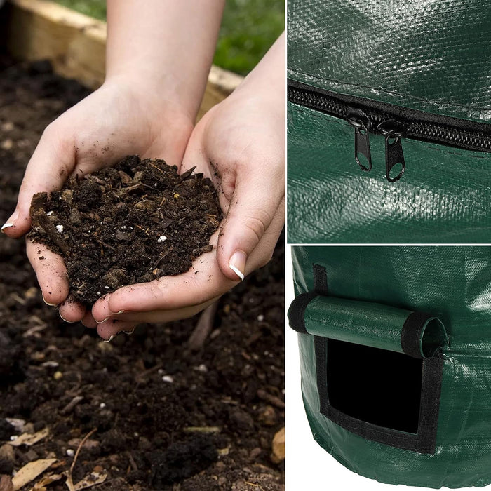 Collage of hands holding compost, a green compost bin with a zipper, and a close-up of the bin's handle.