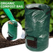 Green compost bag with a hose for composting, set against a natural background.