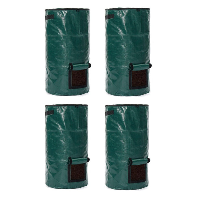 Four green cylindrical bags with black straps on a white background