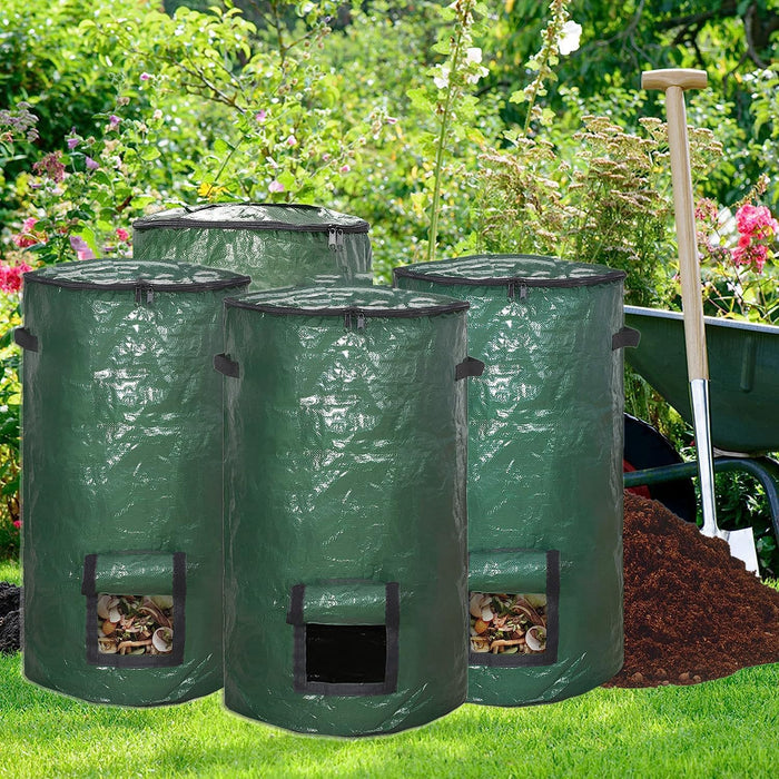 Four green compost bins with visible compost material in a garden setting.