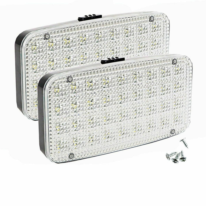 Two rectangular LED lights with screws on a white background