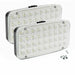 Two rectangular LED lights with screws on a white background