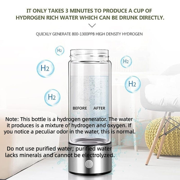 USB Rechargeable Hydrogen Water Generator Bottle 420ml Portable Glass Water Bottle