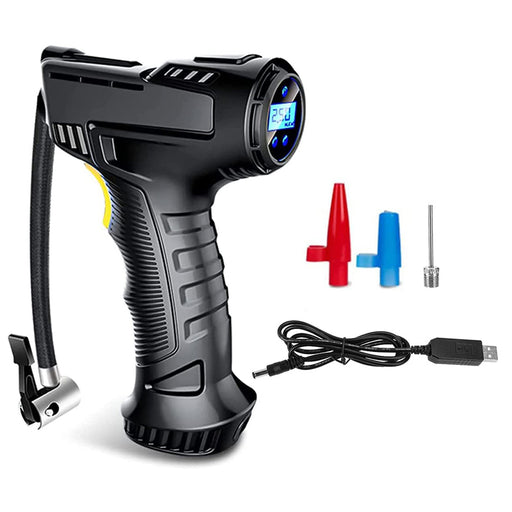 A black portable digital air pump with an LCD screen, accompanied by three different nozzle attachments and a USB cable for charging.