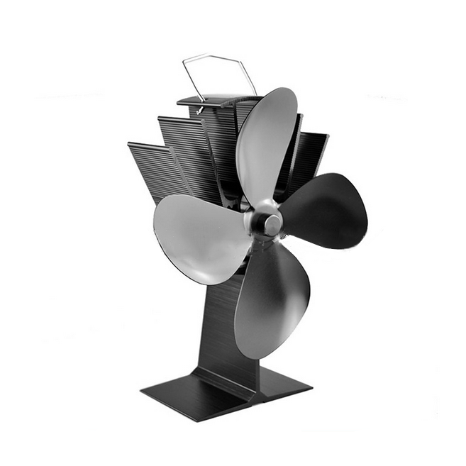Black and silver stove fan on a white background