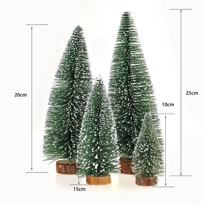 Set of three miniature Christmas trees with measurements on a white background