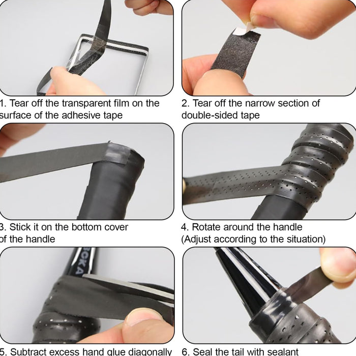 Step-by-step guide on using adhesive tape with a handle, showing hands performing each step.