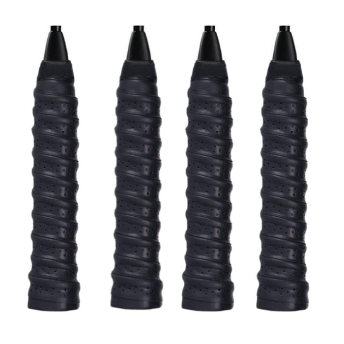 Four black textured grips on a white background