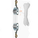 Metal pulley system with rope on a white background