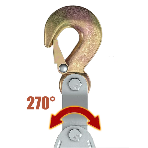 Rotary lifting hook with 270-degree rotation capability on a white background