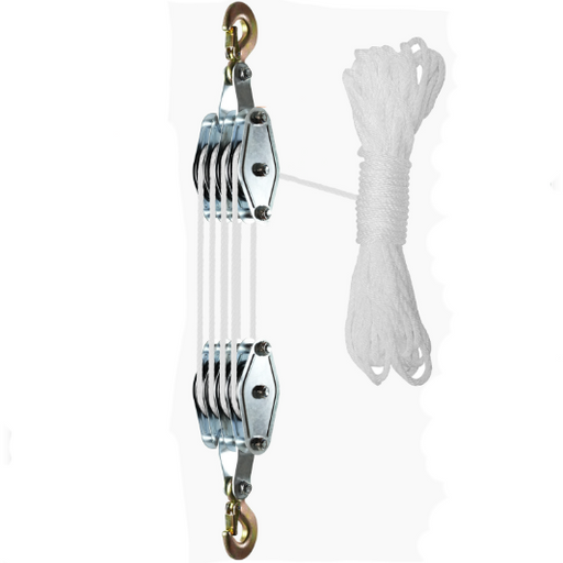Metal pulley system with rope on a white background
