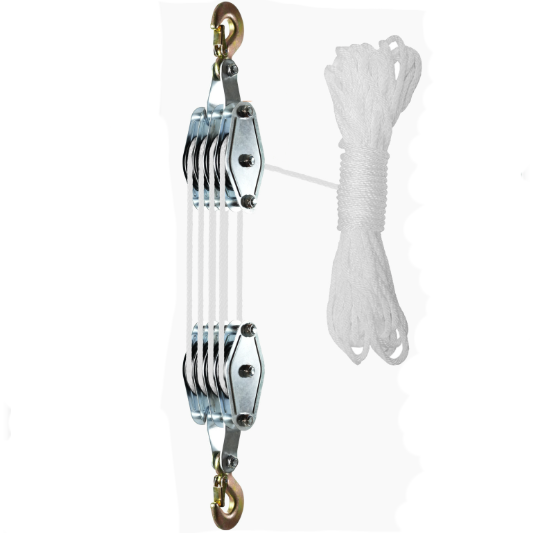 Metal pulley system with rope on a white background