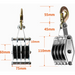 Metal pulley system with dimensions labeled on a white background