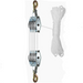 Metal pulley system with rope on a white background