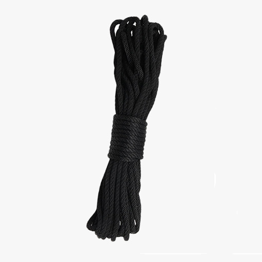 A bundle of black braided rope tied with a matching black wrap, centered on a plain white background.