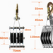 Metal pulley system with dimensions labeled on a white background