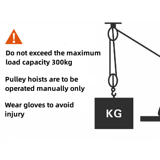 Pulley hoist diagram with safety instructions on a white background