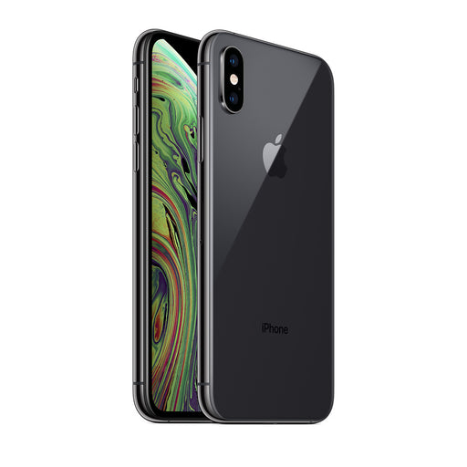 An Apple iPhone XS in Space Grey showing the front and back sides, with visible dual camera system.