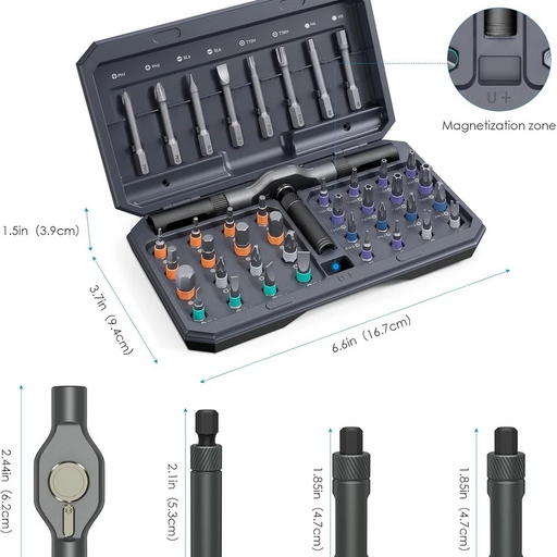Tool kit with various bits and measurements on a white background