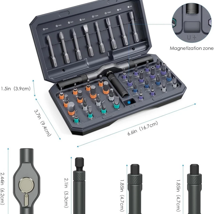 Tool kit with various bits and measurements on a white background
