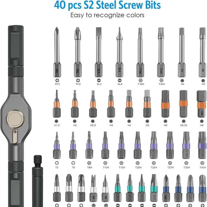 Set of 40 S2 Steel Screw Bits with a tool holder on a white background
