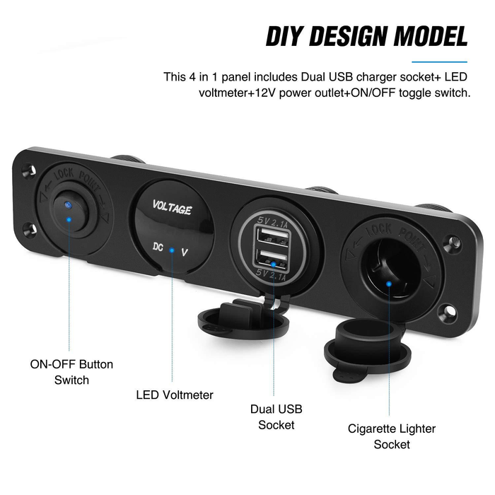4 in 1 Charger Outlet Socket Panel QC Dua 12V USB Power Outlet Car Switch