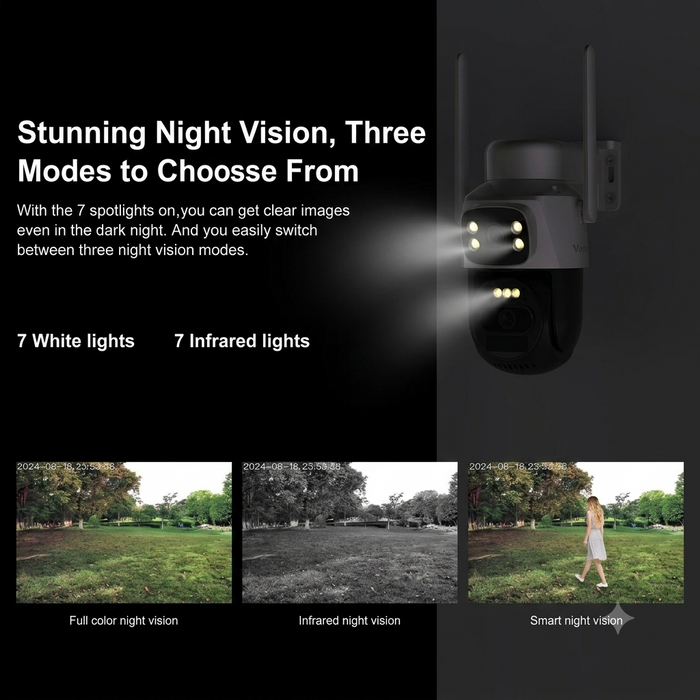 A promotional graphic for a black wireless security camera with three antennas, showing its front with illuminated white and infrared lights. The left side features marketing text describing 'Stunning Night Vision, Three Modes to Choose From' and three sample night vision output images at the bottom showing full color, infrared, and smart night vision.