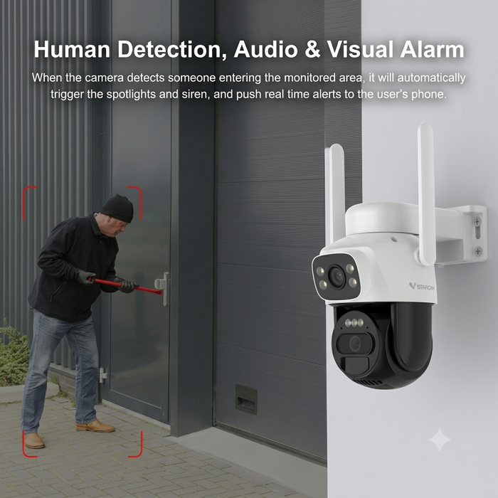 A white and black dome security camera with two antennas is mounted on a light gray wall next to a dark gray door. On the left, a man in a black hoodie and jeans is seen trying to open a door with a red tool.